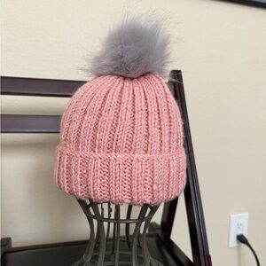 Cozy Pink Knit Kids Hat with Gray Pom-Pom